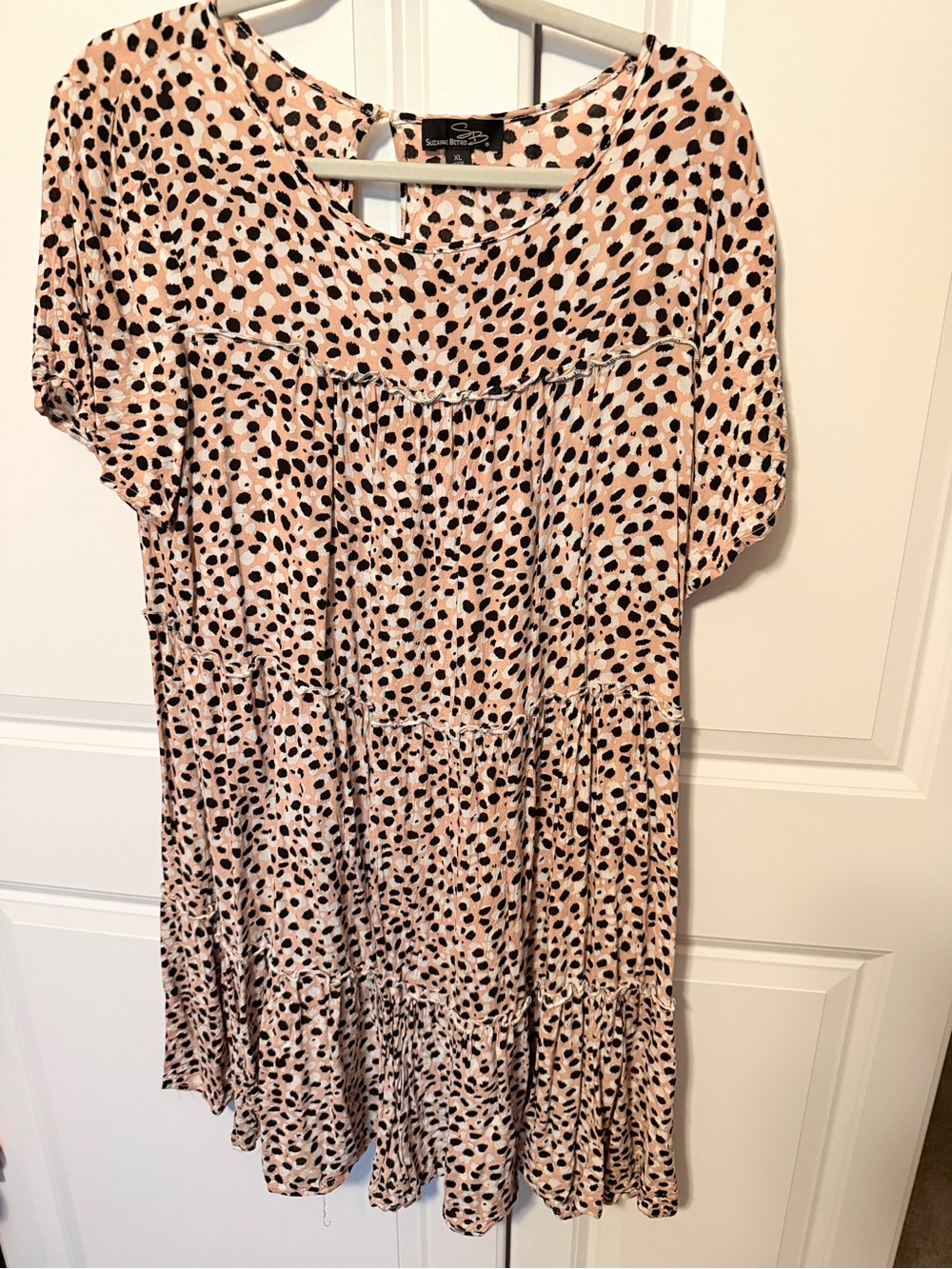 Suzanne Betro Blush Pink Tiered Dress with Black Spot Print